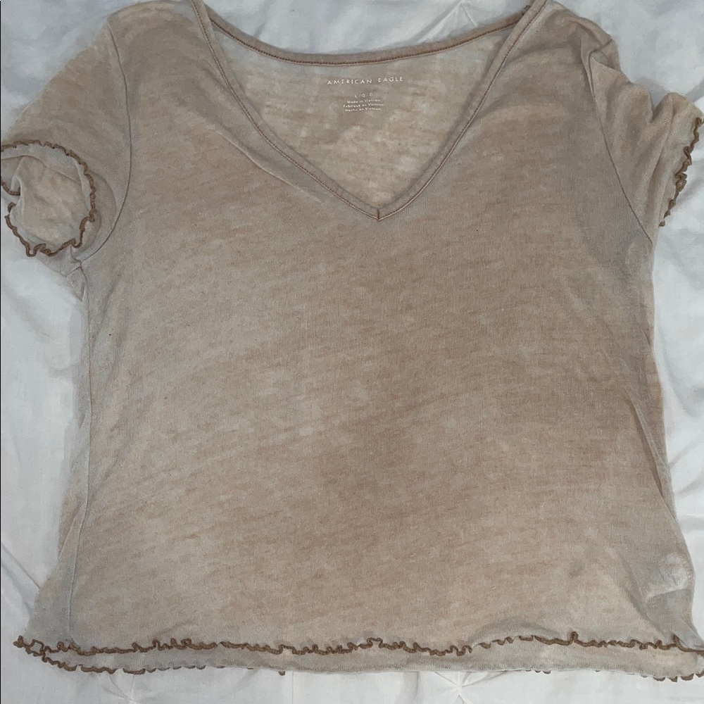 American Eagle Outfitters Women's Beige V-Neck Tee